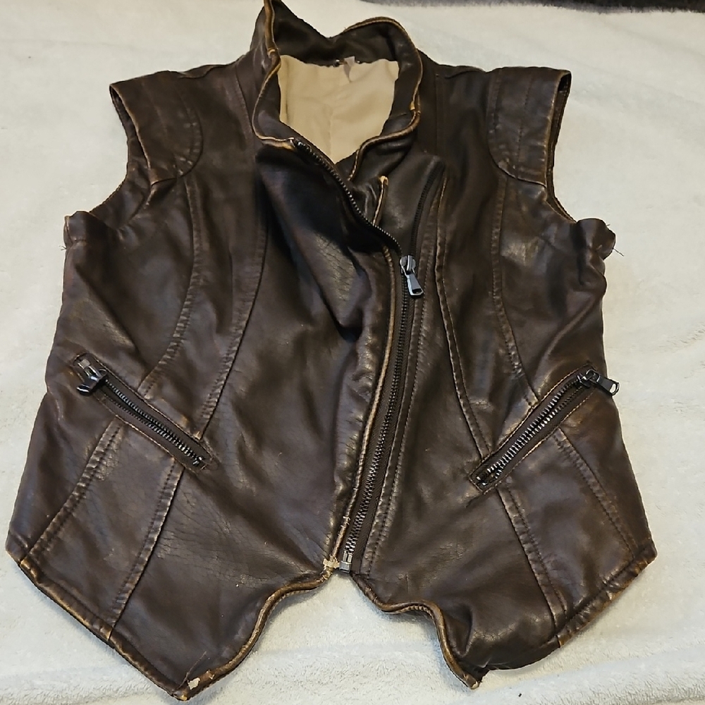 Free People Brown Leather Zipper Vest Peeling.. Sz Xs New